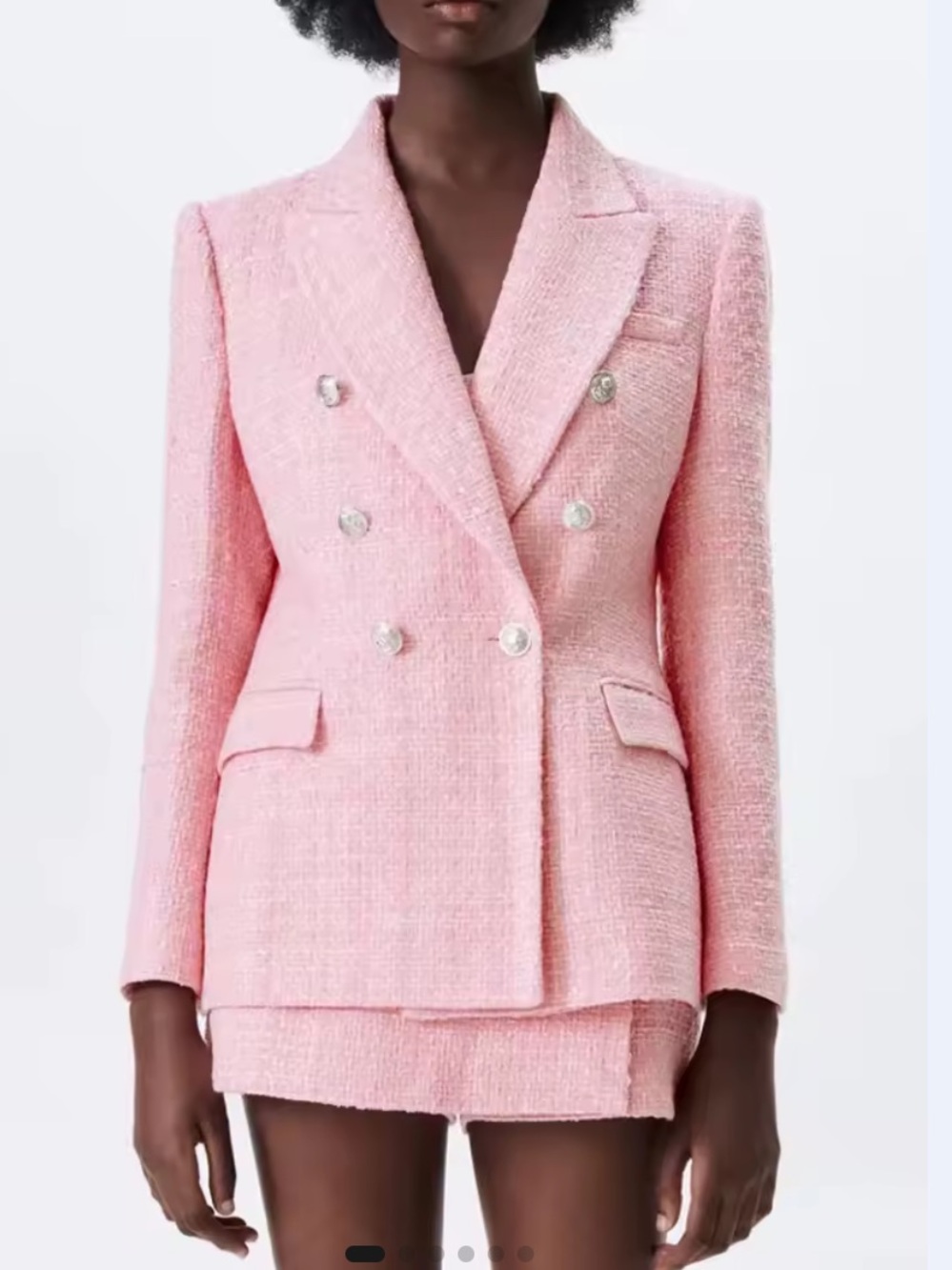 Pink Double-Breasted Tweed Blazer Jacket/ shorts